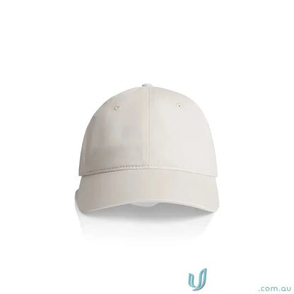 Light-colored six-panel access cap with tonal under-peak lining and slight sheen