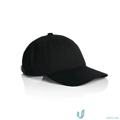 Black six-panel access cap with metal buckle closure and tonal under-peak lining