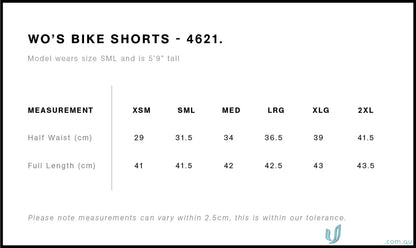 Women’s bike shorts size chart for AS Ladies Active Shorts, perfect for active workwear or uniforms