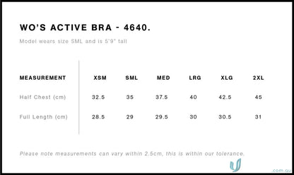 Bra size chart image for AS Ladies Active Sports Bra, perfect for active work uniforms