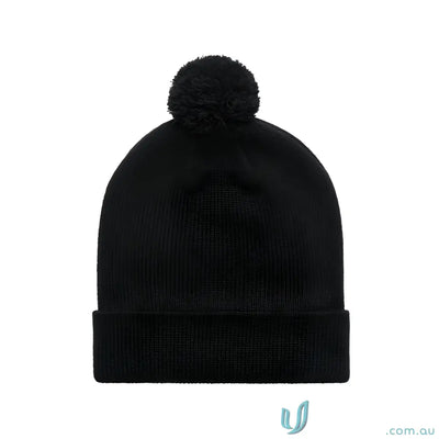 Black knit beanie with colourful pom pom made from recycled acrylic fabric