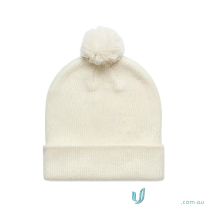 Cream-colored knit beanie with pom pom made from recycled acrylic for cozy style