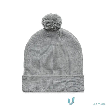 Gray knit beanie with pom pom made from recycled acrylic and colour pom pom style