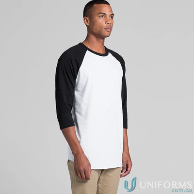 Black and white baseball tee from AS Raglan Tee, perfect for work uniforms or casual uniforms