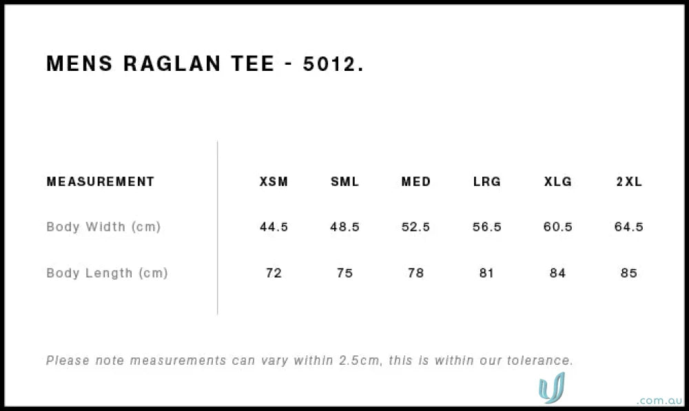 Men’s Raglan Tee size chart for workwear and uniforms in the AS Raglan Tee collection