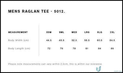 Men’s Raglan Tee size chart for workwear and uniforms in the AS Raglan Tee collection