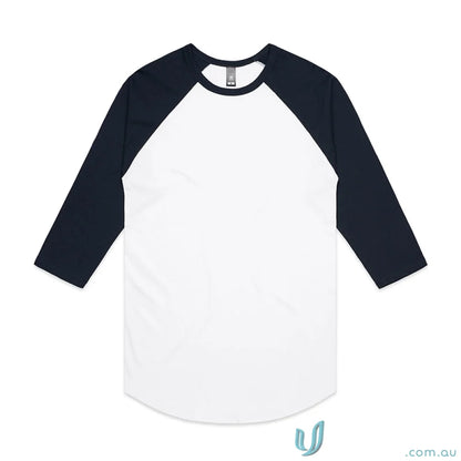White and navy baseball tee perfect for casual work uniforms or uniforms