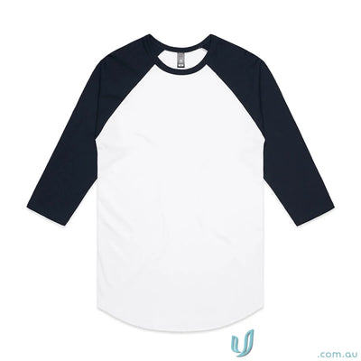 White and navy blue baseball tee.