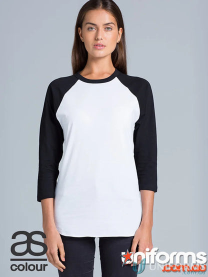 Woman wearing black and white baseball tee from AS Raglan Tee, perfect for workwear or uniforms