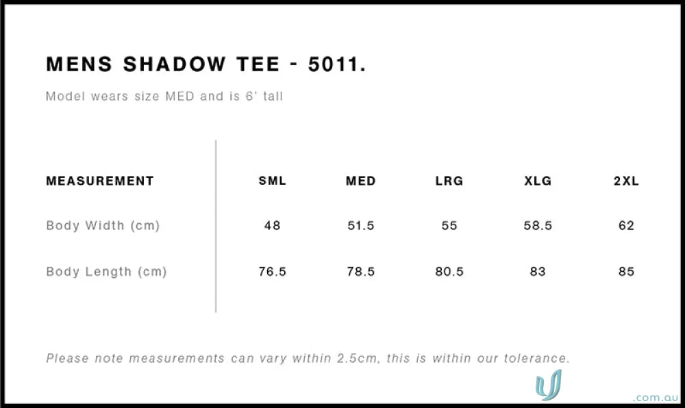 AS Shadow Tee size chart for work uniforms and workwear fitting guides