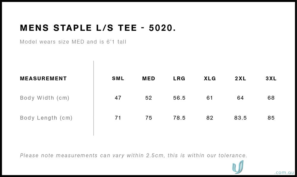 T-shirt size chart for AS Staple LS Tee, perfect workwear and uniforms fit guide