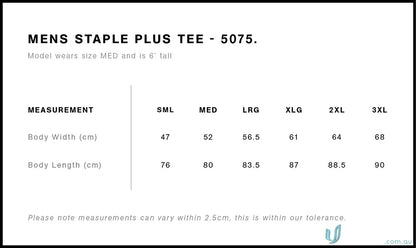 Men’s T-shirt size chart for AS Staple PlusTee workwear and uniforms