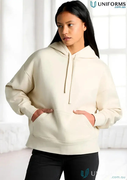 Beige women’s heavy hoodie with oversized heavy weight hood for cozy style