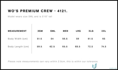 Clothing size chart for AS Womens Premium Crew work uniforms and workwear