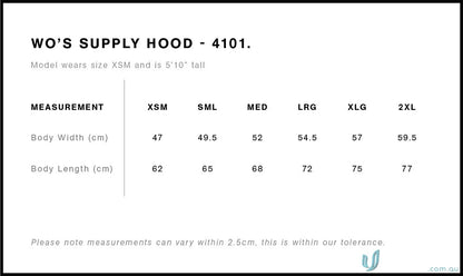 Hoodie size chart for AS Womens Supply Hoodie, comfy uniforms made easy