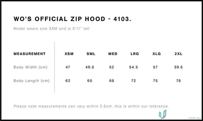 Clothing size chart for AS Womens Zip Hoodie, perfect for sports uniforms or workwear