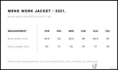 Men’s AS Work Jacket size chart for workwear and work uniforms easy to read