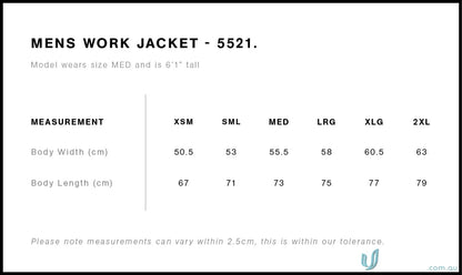 Men’s AS Work Jacket size chart for workwear and work uniforms easy to read