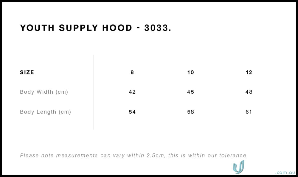 Youth hoodie size chart for AS Youth Supply Hoodie, perfect for uniforms and workwear
