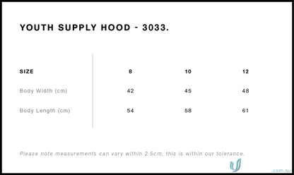 Youth hoodie size chart for AS Youth Supply Hoodie, perfect for uniforms and workwear