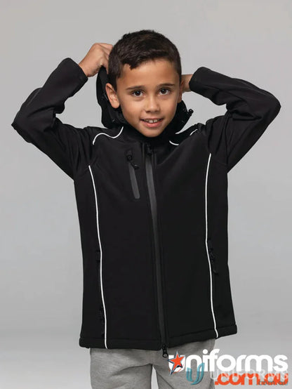 Kids wearing black Aspen Softshell Jacket showcase a cool Aspen hooded softshell jacket look
