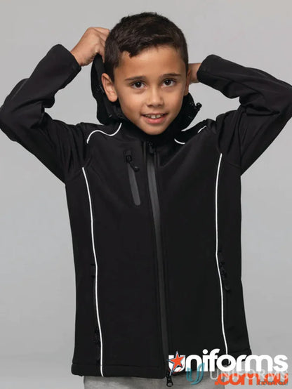 Kids Aspen Softshell Jacket with black and white trim, perfect softshell jacket for cold days