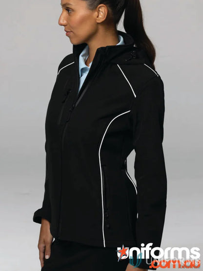 Aspen Lady Jacket black softshell with white trim and reflective tape piping