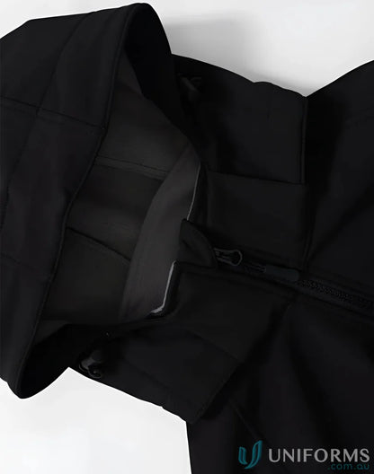 JK33 Aspen Softshell Hooded Jacket featuring four-way stretch and a sleek black hooded look