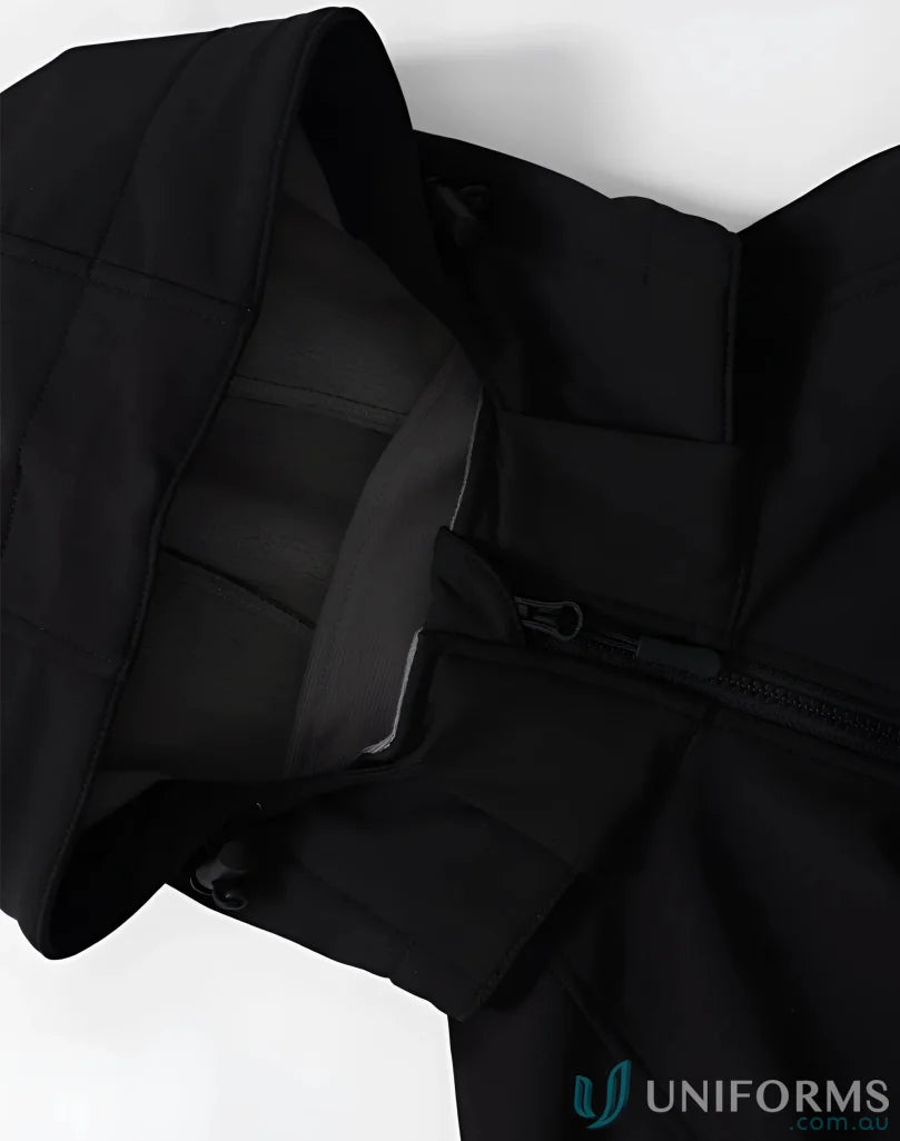 JK33 Aspen Softshell Hooded Jacket featuring four-way stretch and a sleek black hooded look