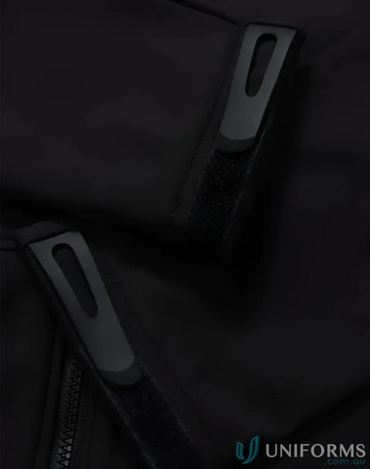 JK33 Aspen softshell hooded jacket with black fabric and clip fasteners for a sleek look