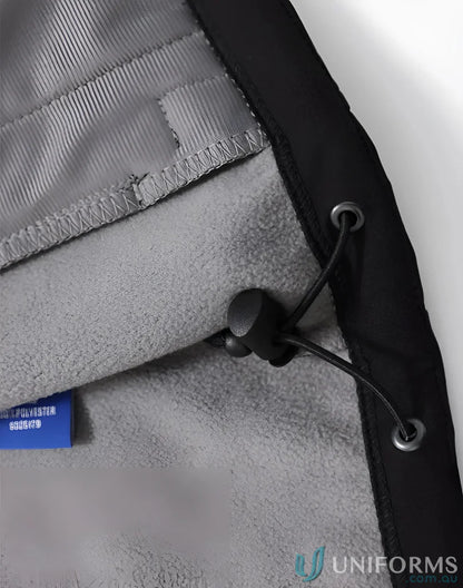 Gray fleece inside of JK33 Aspen softshell hooded jacket with four-way stretch