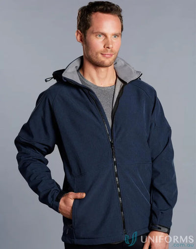 Navy blue JK33 Aspen softshell hooded jacket with four-way stretch for outdoor adventures