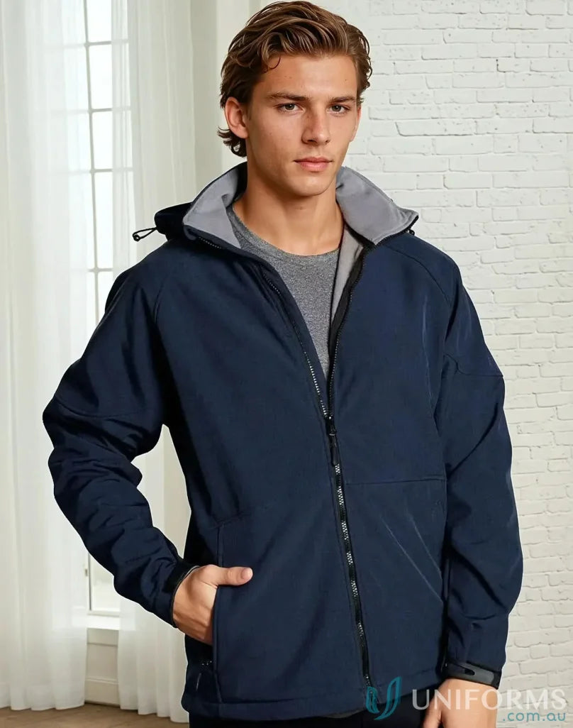 Jk33 Aspen softshell hooded jacket with four-way stretch, navy blue and gray collar