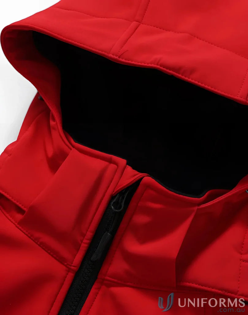 Red hooded jacket from JK33 Aspen Softshell Hooded Jacket with four-way stretch