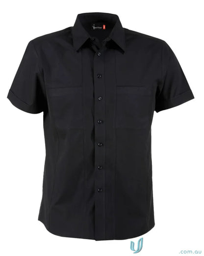 Black short-sleeved button-down shirt for men’s casual short sleeve style in Aston SS Shirt