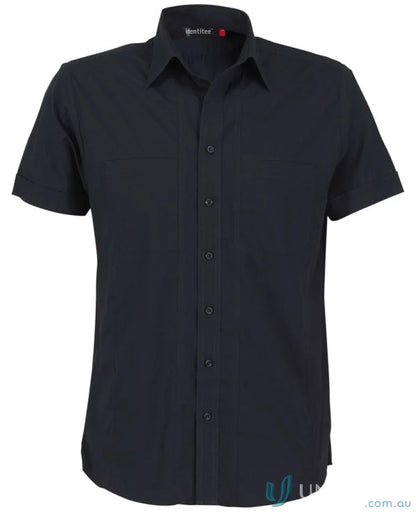 Black short-sleeved button-down shirt from Aston SS Shirt, perfect for stylish men’s casual wear
