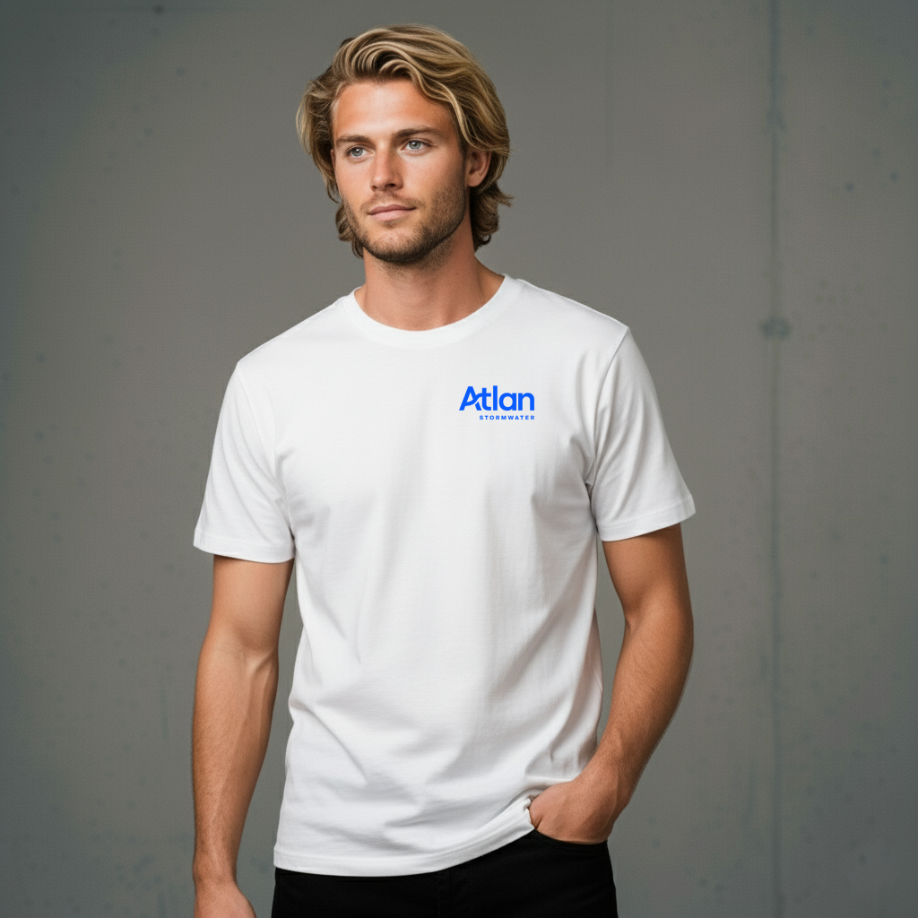 White Planett staple tee with Atlan Stormwater logo on chest