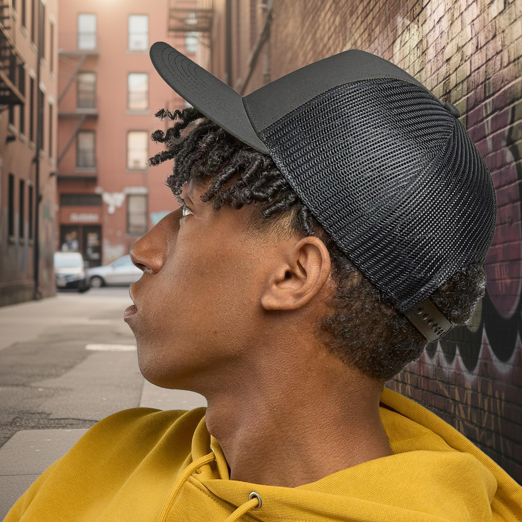 Black Atlantis Trucker Cap with solid front and mesh back