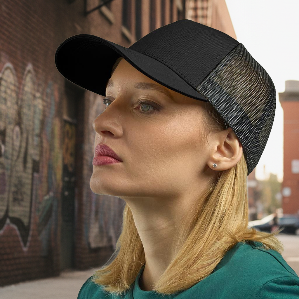 Black Atlantis Trucker Cap in cotton twill, solid front and mesh back