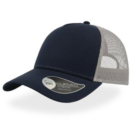 Navy blue and gray Atlantis Trucker Cap curved visor in cotton twill