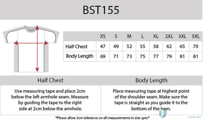 Auburn Adults Tee T-shirt sizing chart with CoolDry moisture management tech
