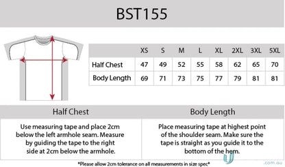 Auburn Adults Tee T-shirt sizing chart with CoolDry moisture management tech