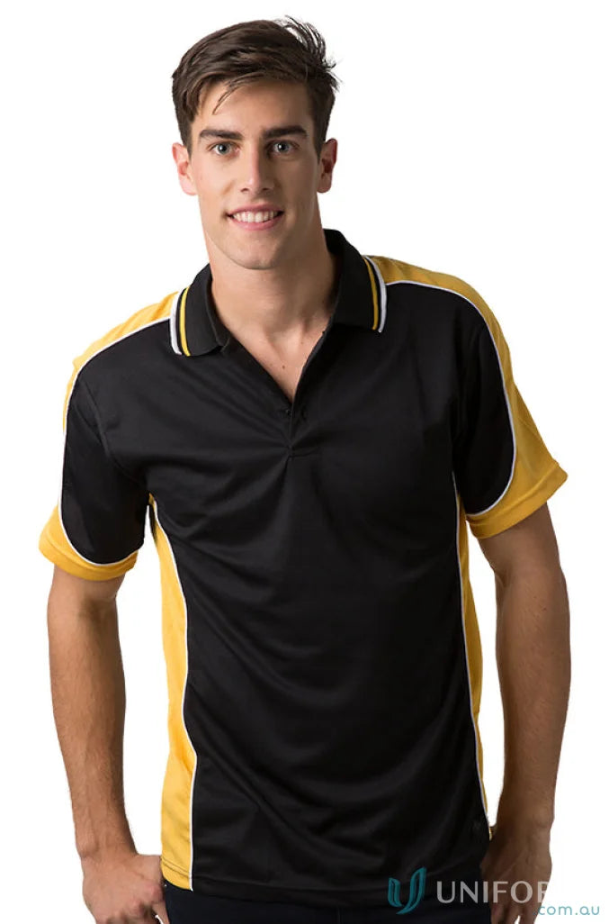 Black and gold Auburn Polo shirt with sewn-on pocket, moisture management, digital transfer details