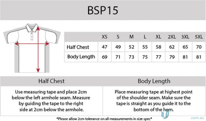 Auburn Polo size chart with moisture management, digital transfer details, and sewn-on pocket
