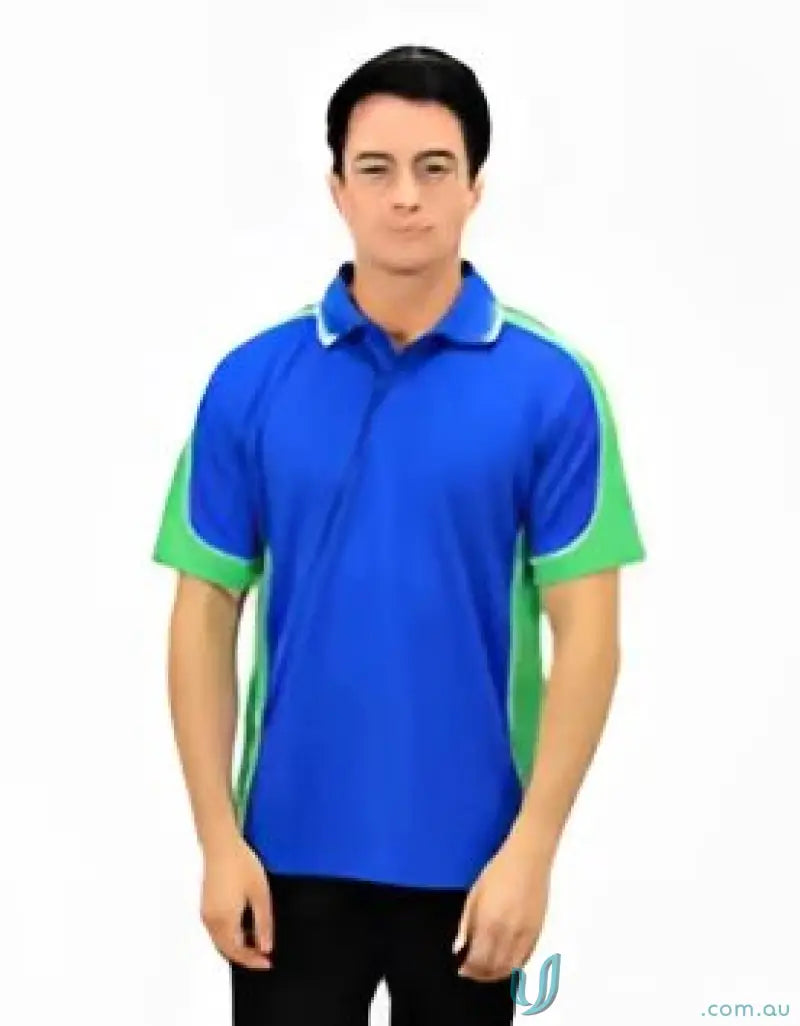 Blue and green Auburn Polo with sewn-on pocket and moisture management fabric