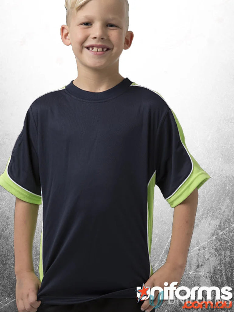 Boy’s navy and lime green Aubrun Kids Tee with CoolDry moisture management tech bst156k