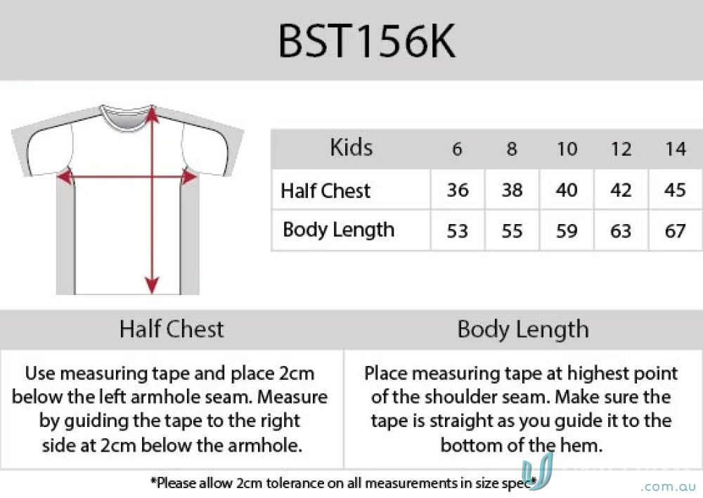 Kids clothing size chart for Auburn Kids Tee with CoolDry moisture management tech BST156K