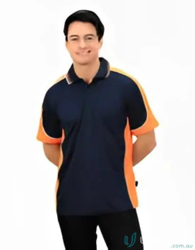 Navy and orange Auburn Polo with sewn-on pocket, moisture management, digital transfer