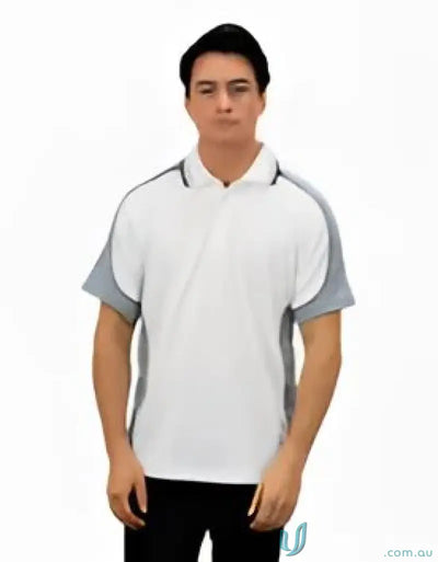 White and gray Auburn Polo with sewn-on pocket, moisture management, digital transfer