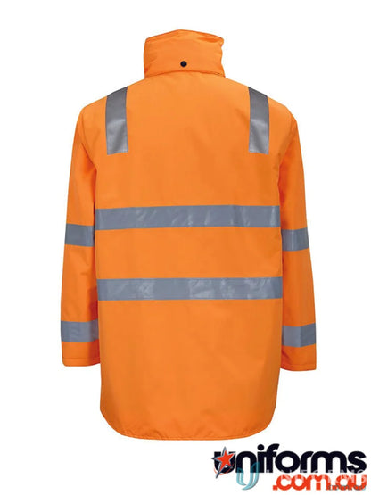 Orange high-visibility jacket with reflective tape from AUST Rail D/N Longline Jacket